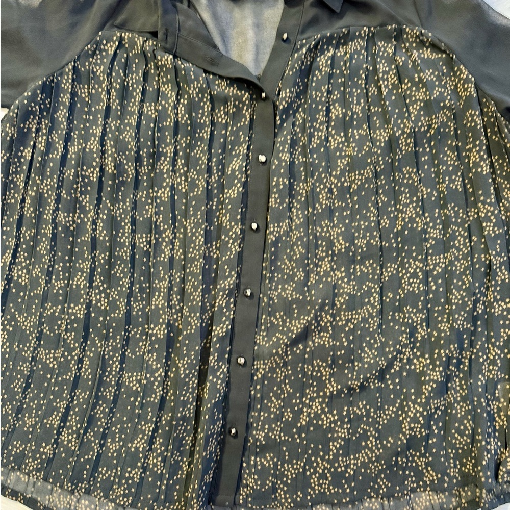 Darling London Black Gold Star Sheer Blouse Pleated Gem Button Top Rare